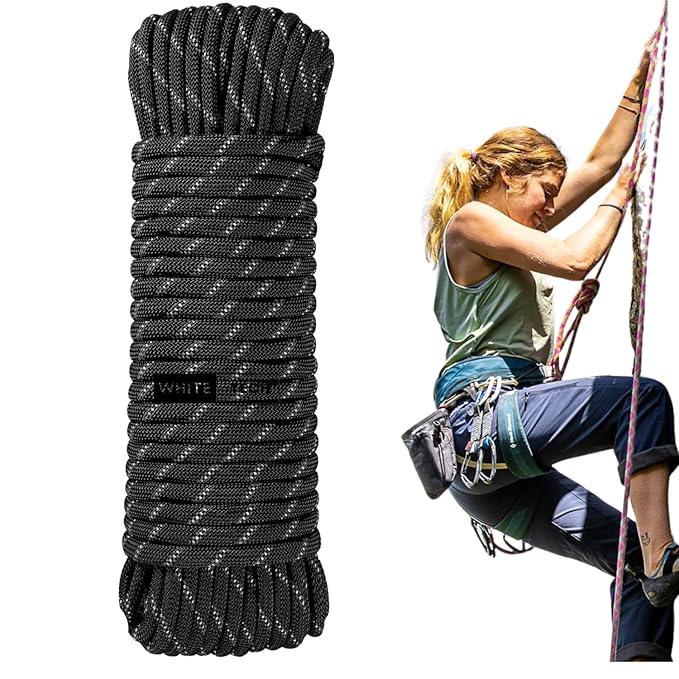 White Tech (10.5mm 100mtr) Climbing Static Rope Nylon High Strength Industrial Safety Rope, Hiking Climbing Fire Escape Rappelling Construction Indoor Outdoor Climbing Rope (Black)