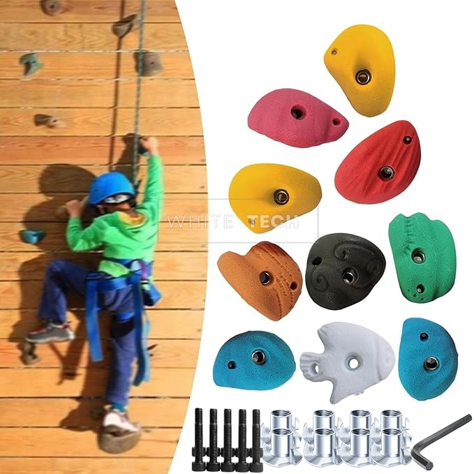 White Tech 10 Rock Climbing Holds Multi-Colored Climbing Rock for Indoor and Outdoor Playground Play Set for Kids, Adult Climbing Wall Holds with Hardware Kit DIY Installation