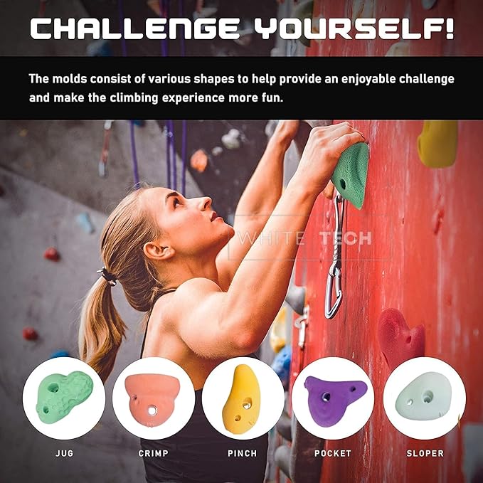 White Tech 10 Rock Climbing Holds Multi-Colored Climbing Rock for Indoor and Outdoor Playground Play Set for Kids, Adult Climbing Wall Holds with Hardware Kit DIY Installation