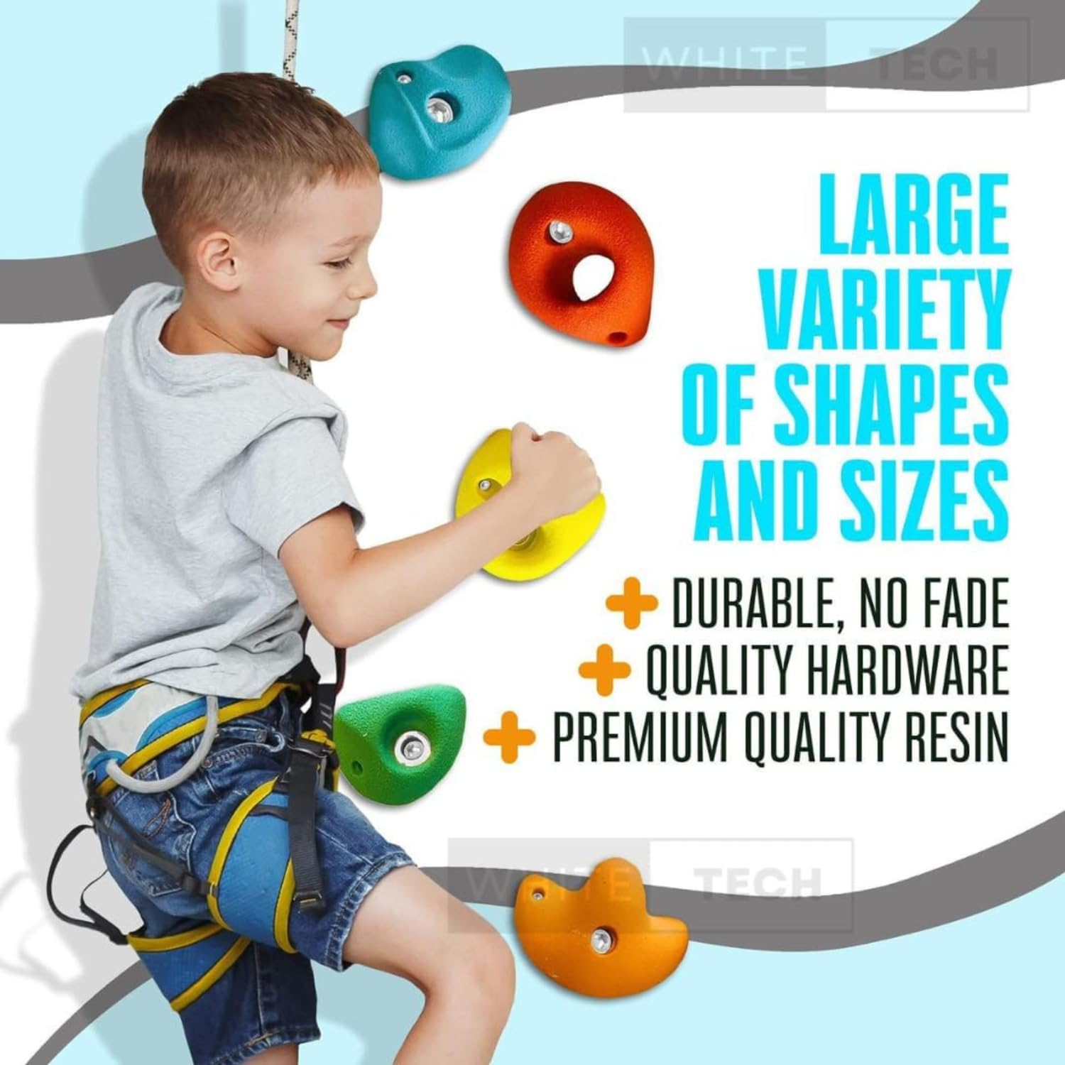White Tech 10 Rock Climbing Holds Multi-Colored Climbing Rock for Indoor and Outdoor Playground Play Set for Kids, Adult Climbing Wall Holds with Hardware Kit DIY Installation