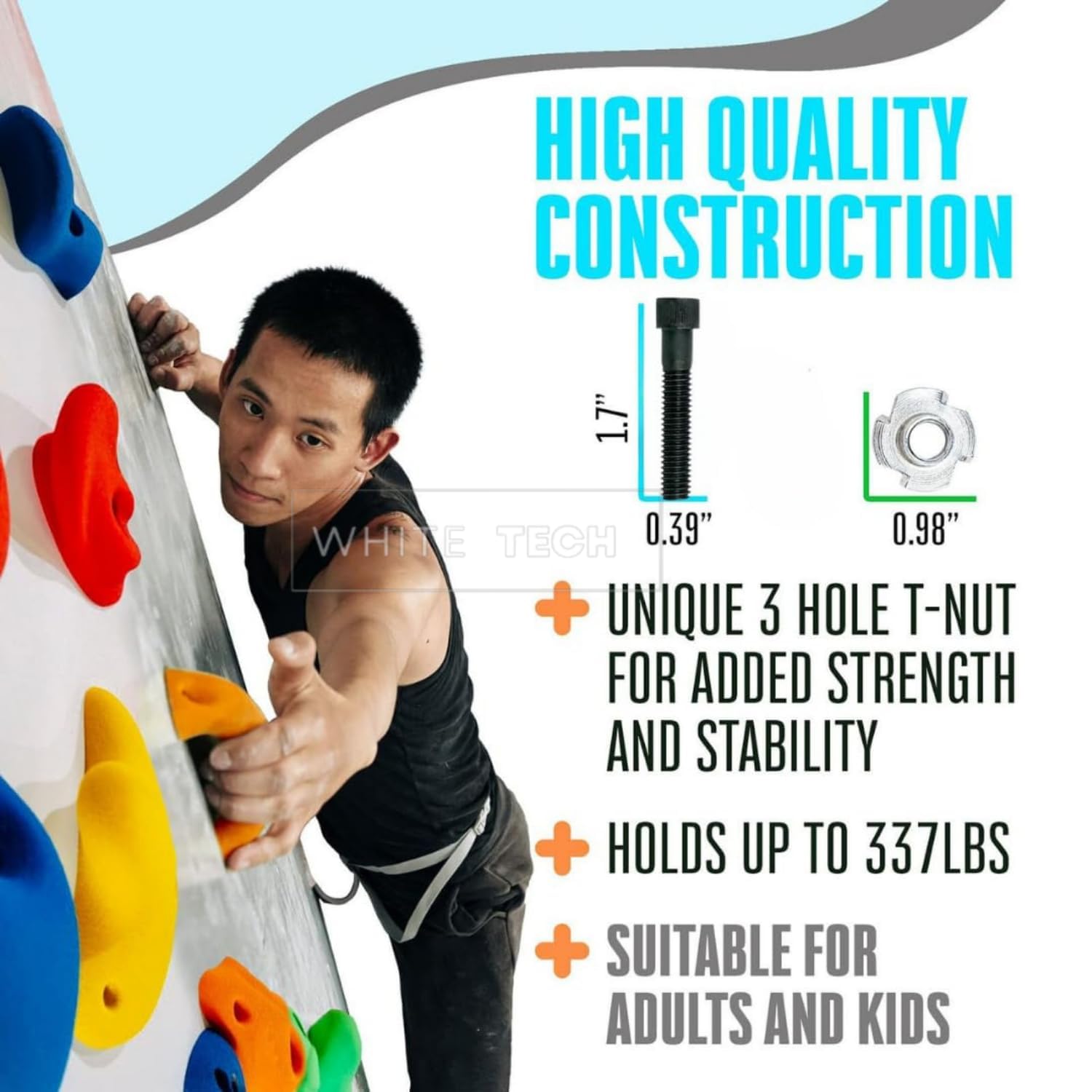 White Tech 10 Rock Climbing Holds Multi-Colored Climbing Rock for Indoor and Outdoor Playground Play Set for Kids, Adult Climbing Wall Holds with Hardware Kit DIY Installation