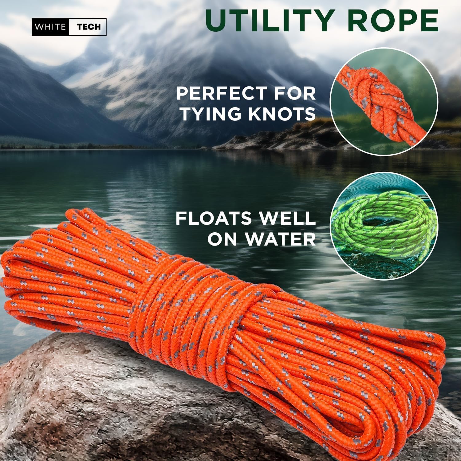 White Tech 6mm Accessory Cord Climbing Rope (100Mtr) for Rock Climbing Accessories Cord Double Braid Nylon Cord, Survival,Firestarter, Fishing Line, Duty Camping All-Purpose Utility Rope