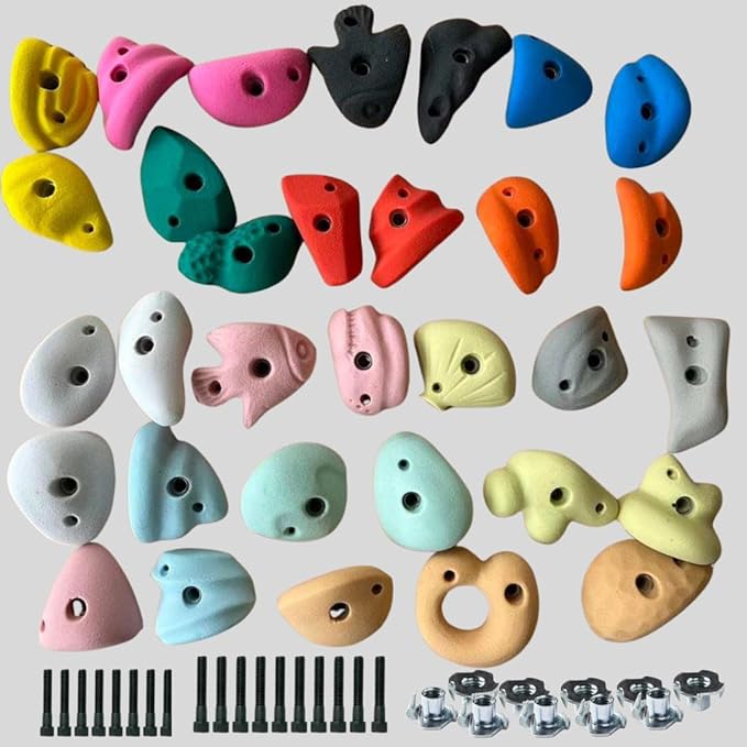 White Tech Premium Rock Climbing Holds (15Pack) Multi-Colored Climbing Rock for Indoor and Outdoor Playground Play Set for Kids, Adult Climbing Wall Holds with Hardware Kit DIY Installation