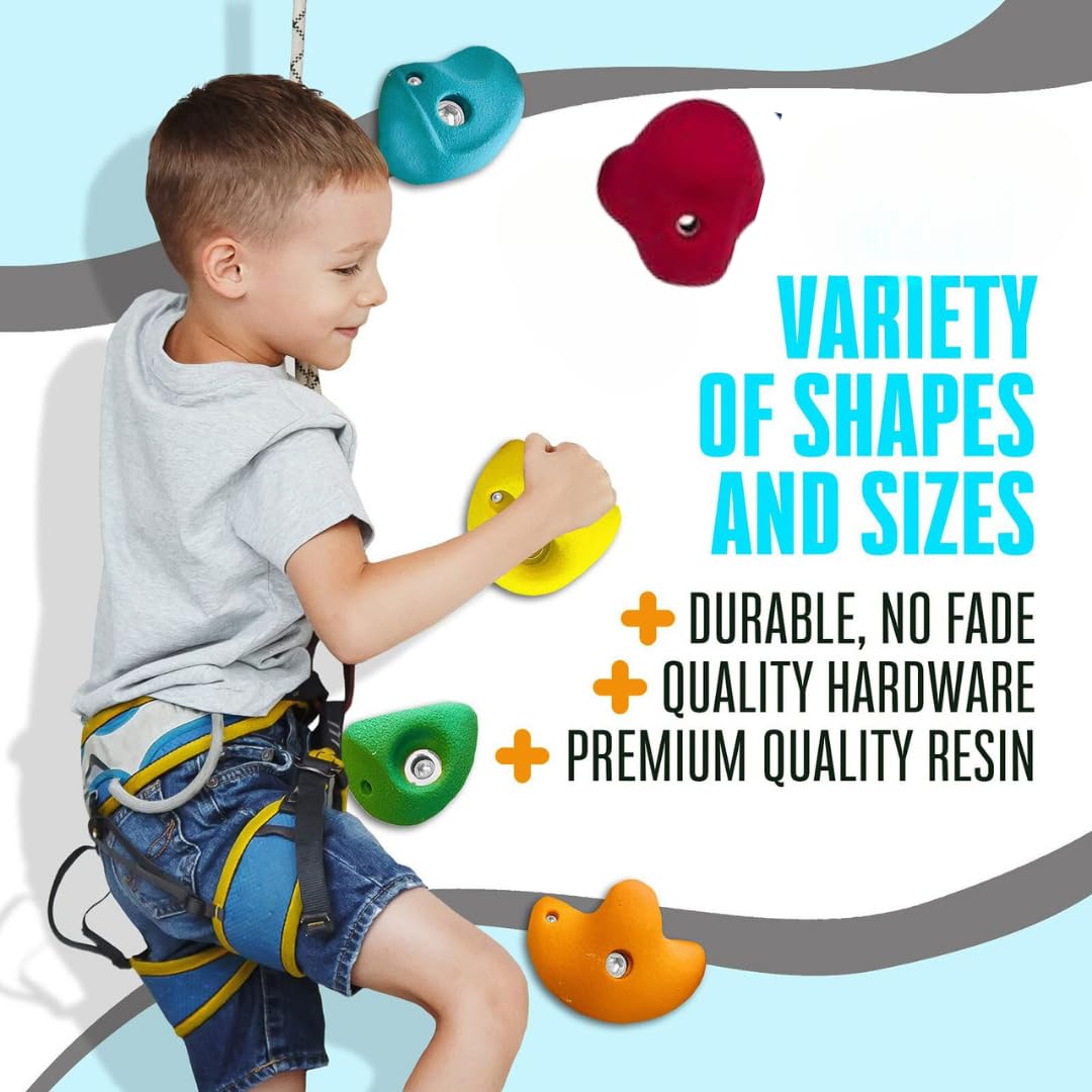 White Tech Premium Rock Climbing Holds (15Pack) Multi-Colored Climbing Rock for Indoor and Outdoor Playground Play Set for Kids, Adult Climbing Wall Holds with Hardware Kit DIY Installation