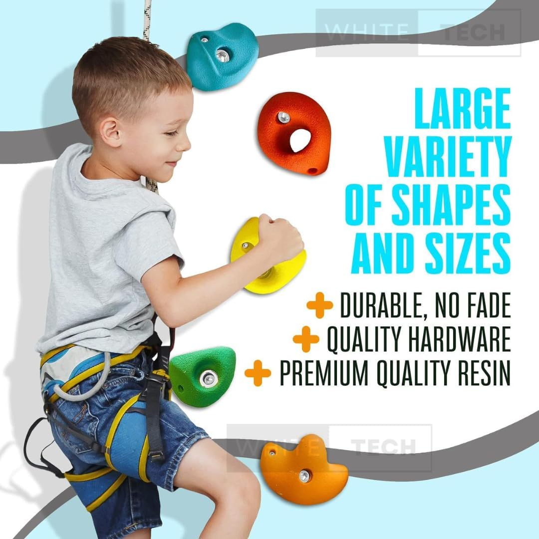 White Tech Premium Rock Climbing Holds (48 Pack) Multi Size for Kids, Adult Rock Wall Holds Climbing Rock Wall Grips for Indoor and Outdoor Playground Play Set (Designed in Germany)