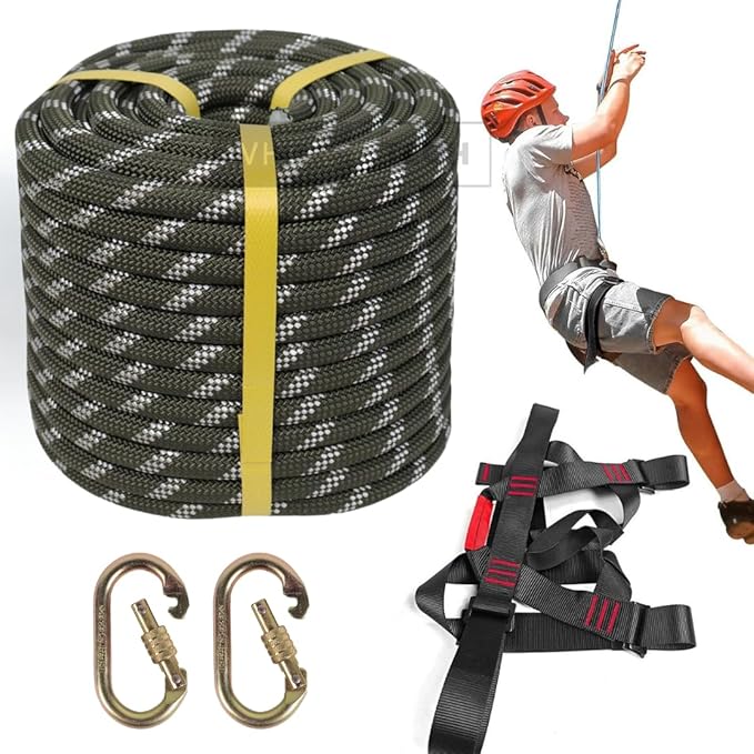 White Tech Rock Climbing Rope, (10MM 100Mtr) Nylon Braided Rope Static Rope, High Strength Safety Rope, Hiking Climbing Fire Escape Rappelling Rope with Safety Belt Climbing Carabiner Included (Black)