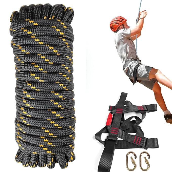 White Tech Rock Climbing Rope, (10MM 50Mtr) Nylon Braided Rope Static Rope, High Strength Safety Rope, Hiking Climbing Fire Escape Rappelling Rope with Safety Belt Climbing Carabiner Included