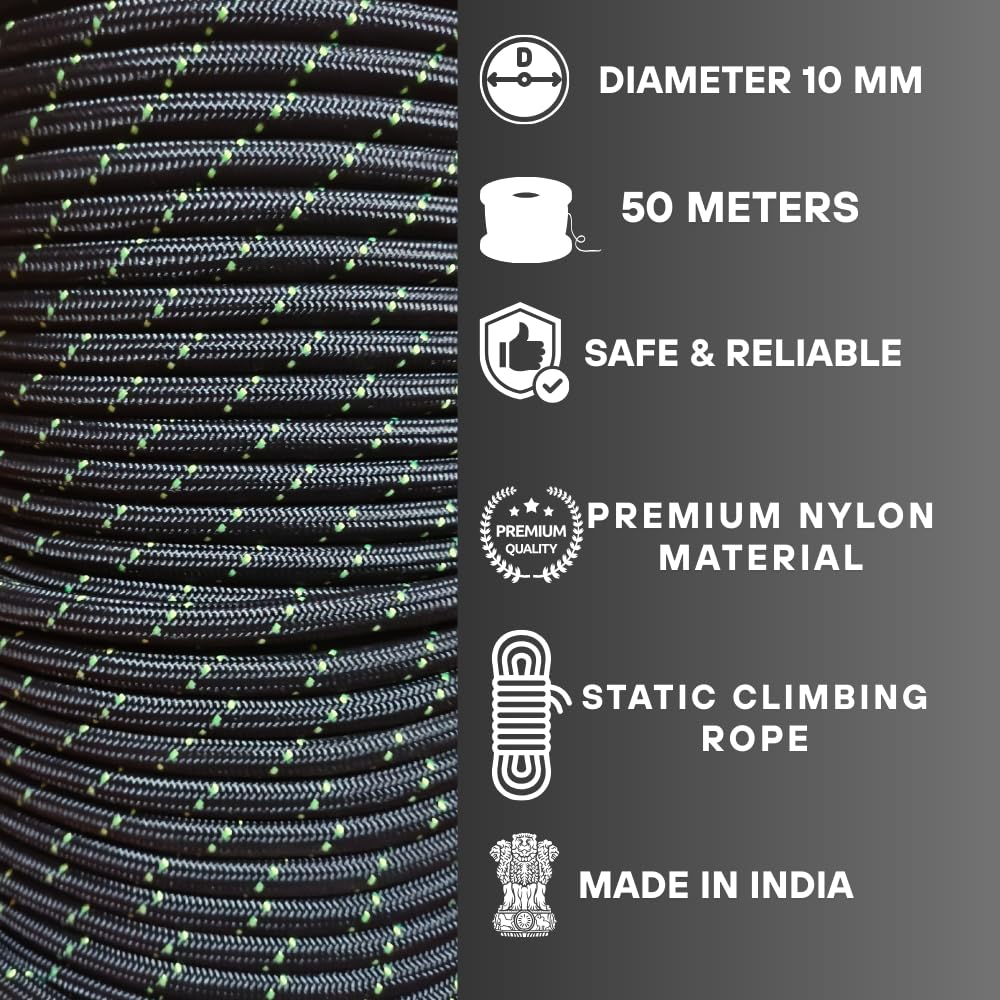 White Tech Static Kernmantle Rock Climbing Rope, Rappelling Rope for Outdoor, Hiking Safety Escape Rope, Rescue Parachute Rope, Mountaineering, Hauling, Static Climbing Rope (10MM (Black), 50 MTR)