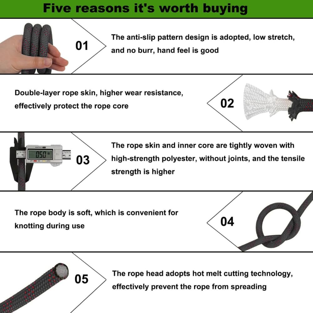 White Tech Static Kernmantle Rock Climbing Rope, Rappelling Rope for Outdoor, Hiking Safety Escape Rope, Rescue Parachute Rope, Mountaineering, Hauling, Static Climbing Rope (10MM (Black), 50 MTR)
