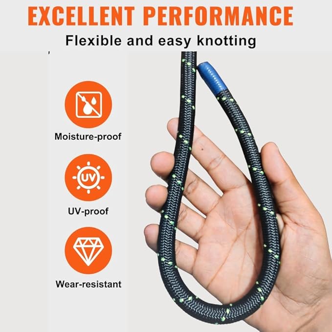 White Tech Static Kernmantle Rock Climbing Rope, Rappelling Rope for Outdoor, Hiking Safety Escape Rope, Rescue Parachute Rope, Mountaineering, Zipline, Static Climbing Rope (12MM (Black), 50 MTR)