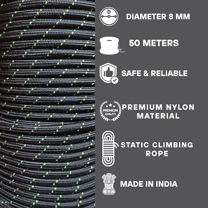 White Tech Static Kernmantle Rock Climbing Rope, Rappelling Rope for Outdoor, Hiking Safety Escape Rope, Rescue Parachute Rope, Mountaineering, Zipline, Static Climbing Rope (12MM (Black), 50 MTR)